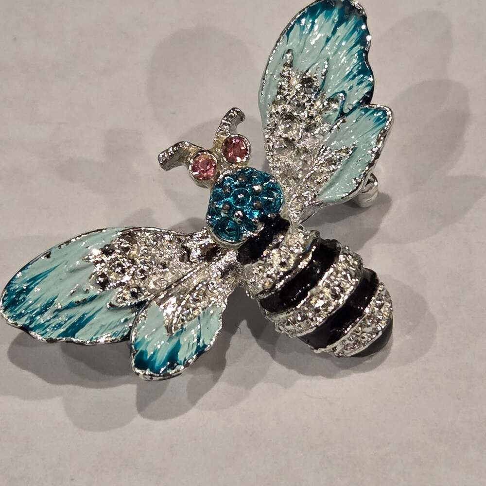 Vintage Sparkly Bumble Bee Brooch Pink Rhinestone Eyes